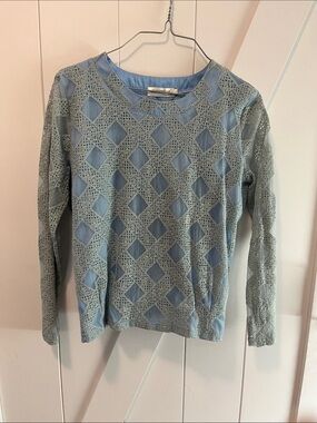 Light Blue Lace Overlay Long-Sleeve Blouse